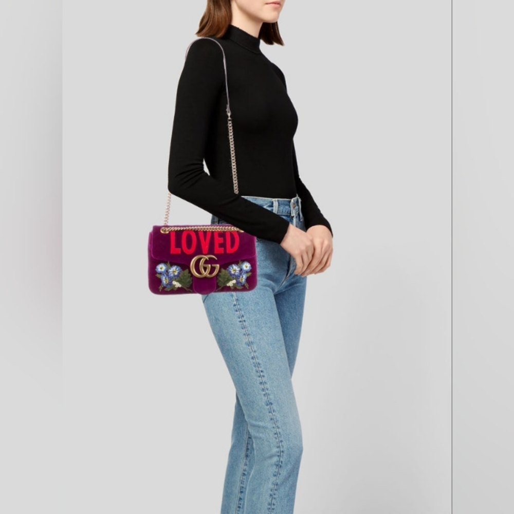 GUCCI Embroidered Velvet GG Marmont Shoulder Bag